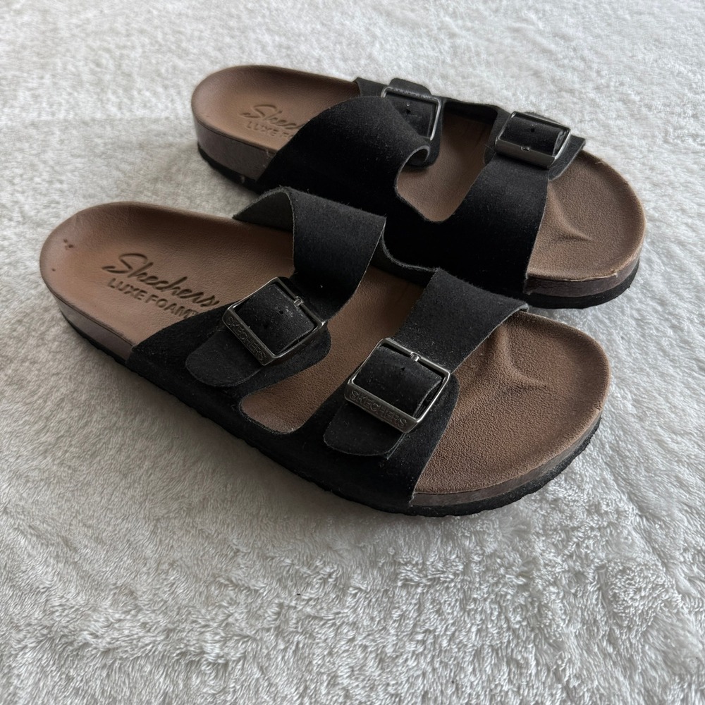 Skechers Luxe Foam Double Strap Slide Sandals Womens Size 6 Black Buckle Casual - Picture 2 of 15